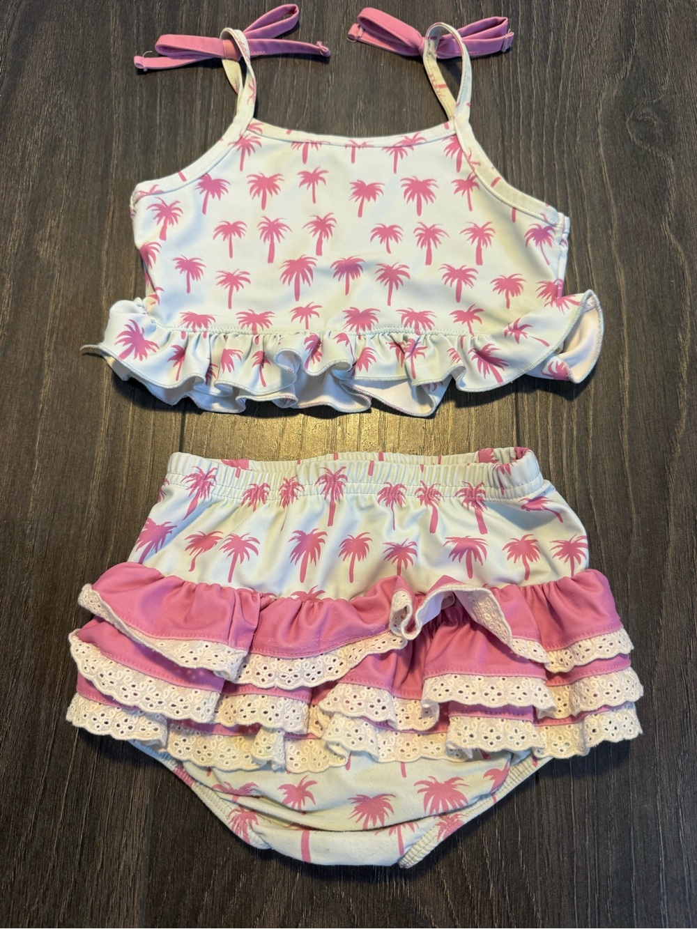 Girls Pink Palm-Print Ruffle Bikini Set - Picture 4 of 6